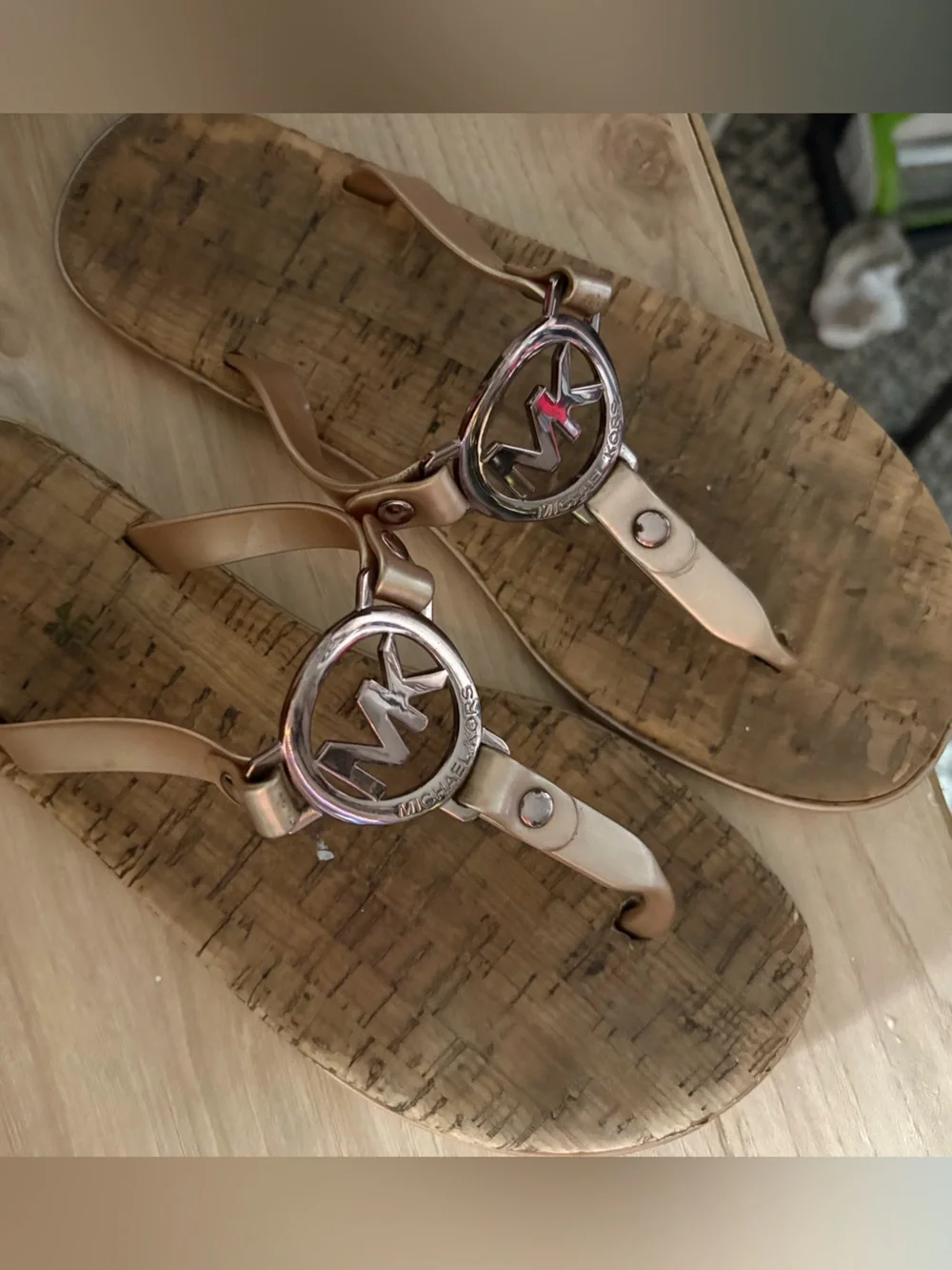 Women’s Metallic cork Rose Gold Logo Thong Sandals